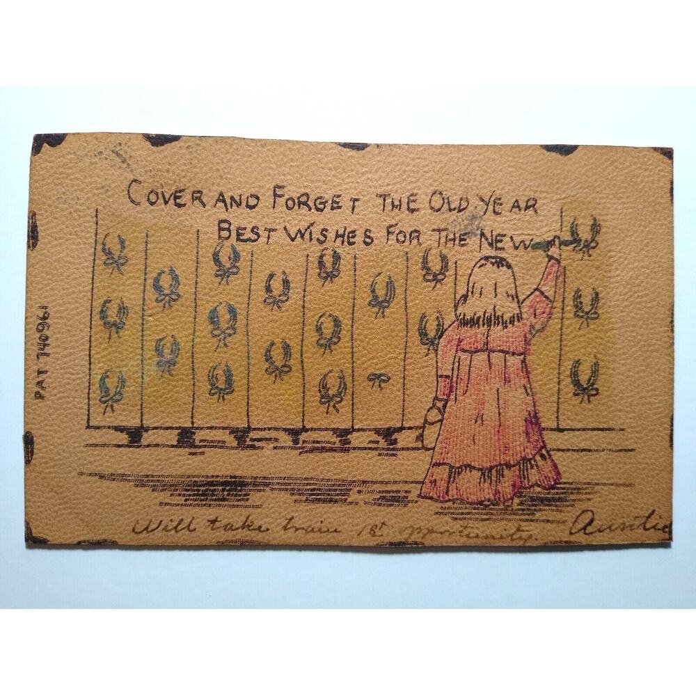 Leather Postcard Cover And Forget The Old Year Best New Years Day Antique 1900's